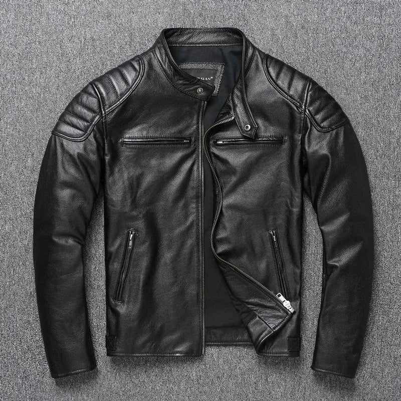 SHOPPLEX Men’s 100% Cowhide Leather Motorcycle Jacket – Stand Collar
