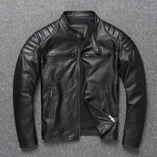 SHOPPLEX Men’s 100% Cowhide Leather Motorcycle Jacket – Stand Collar