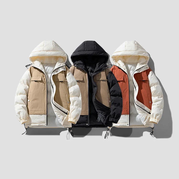 SHOPPLEX Men’s Winter Down Jacket – Thickened, Hooded & Patchwork Design