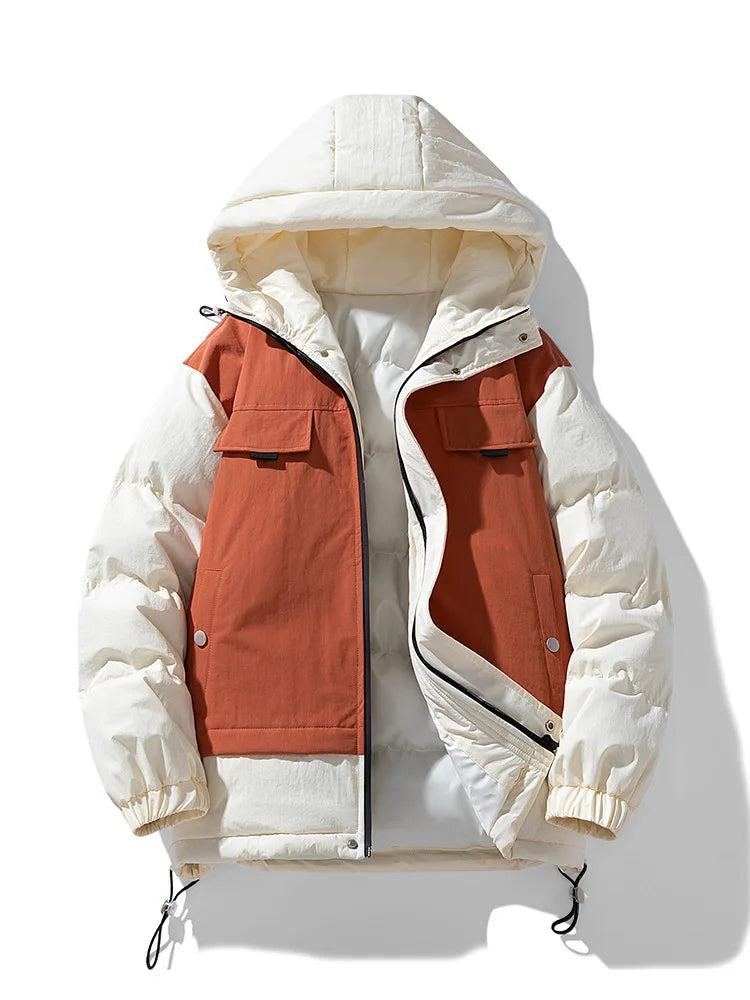 SHOPPLEX Men’s Winter Down Jacket – Thickened, Hooded & Patchwork Design