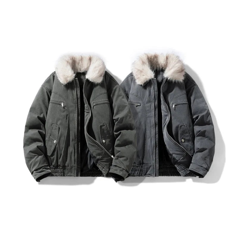 SHOPPLEX Men’s Vintage Patchwork Thick Fur Collar Winter Jacket