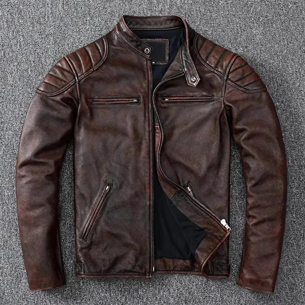 SHOPPLEX Men’s 100% Cowhide Leather Motorcycle Jacket – Stand Collar