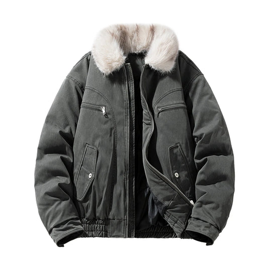 SHOPPLEX Men’s Vintage Patchwork Thick Fur Collar Winter Jacket