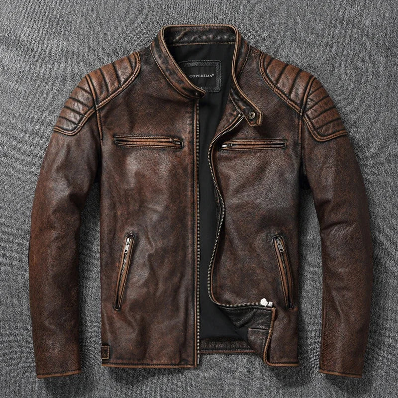 SHOPPLEX Men’s 100% Cowhide Leather Motorcycle Jacket – Stand Collar